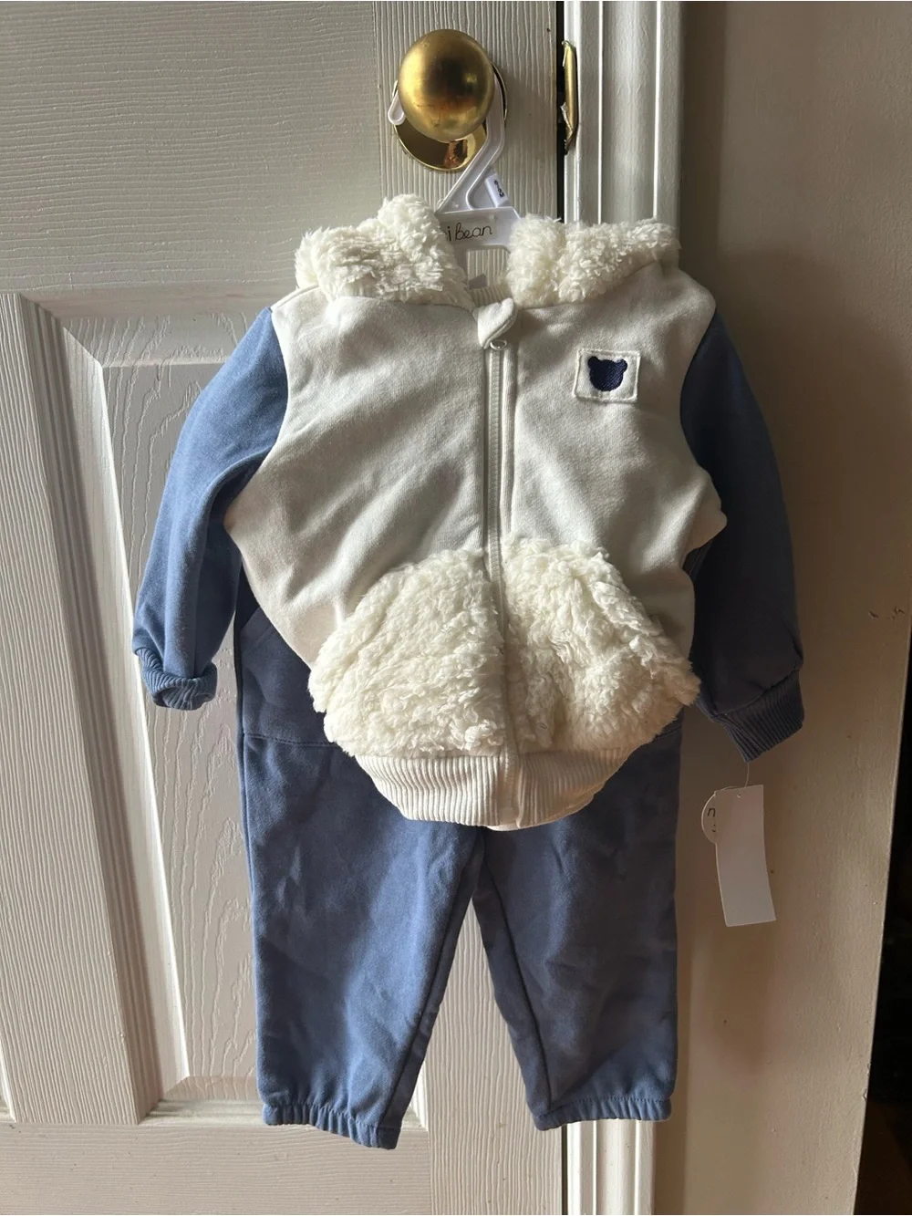 Cream & Blue Sherpa Hoodie and Pant Set by Mini Bean